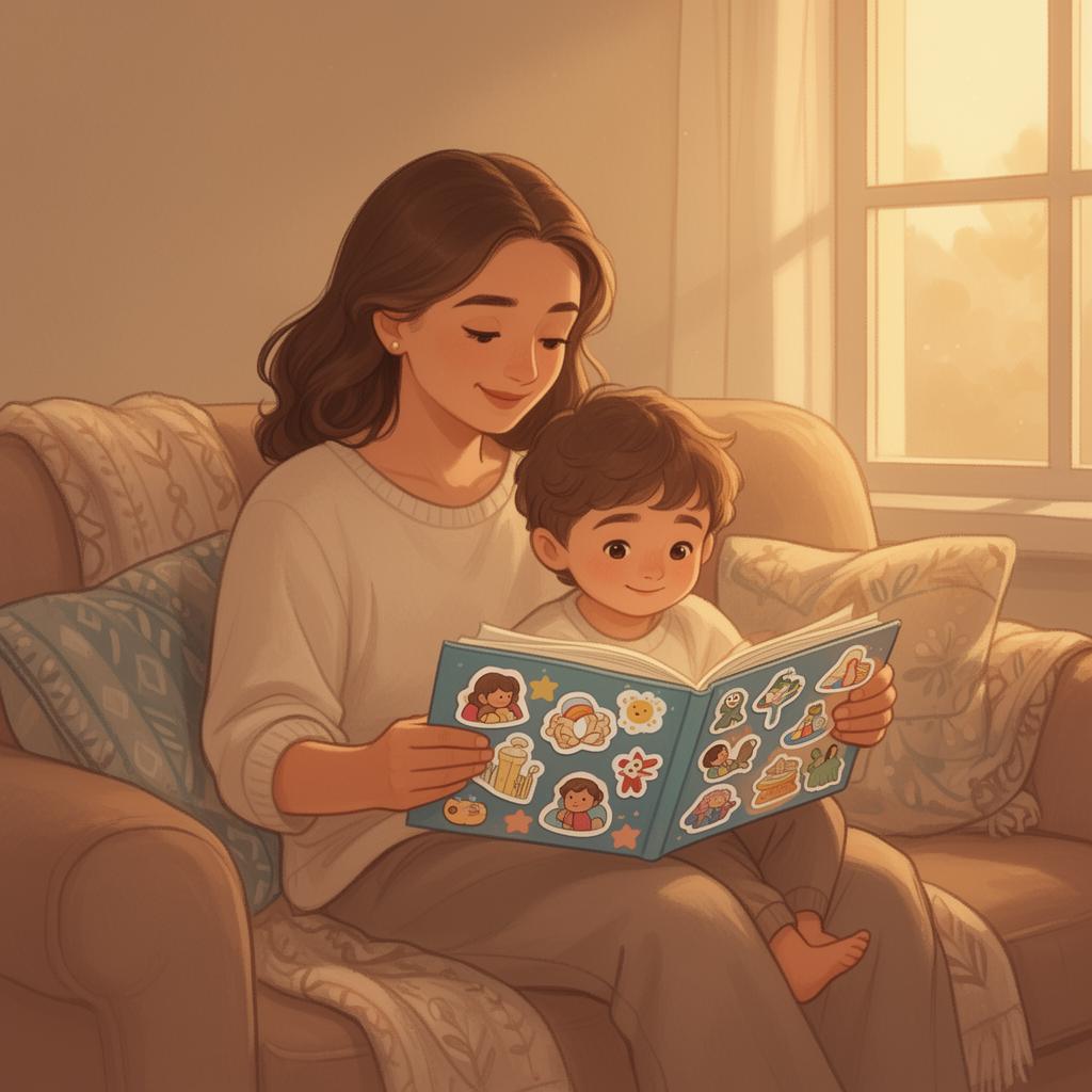 A mother and her child reading the Heroes of Faith sticker album together