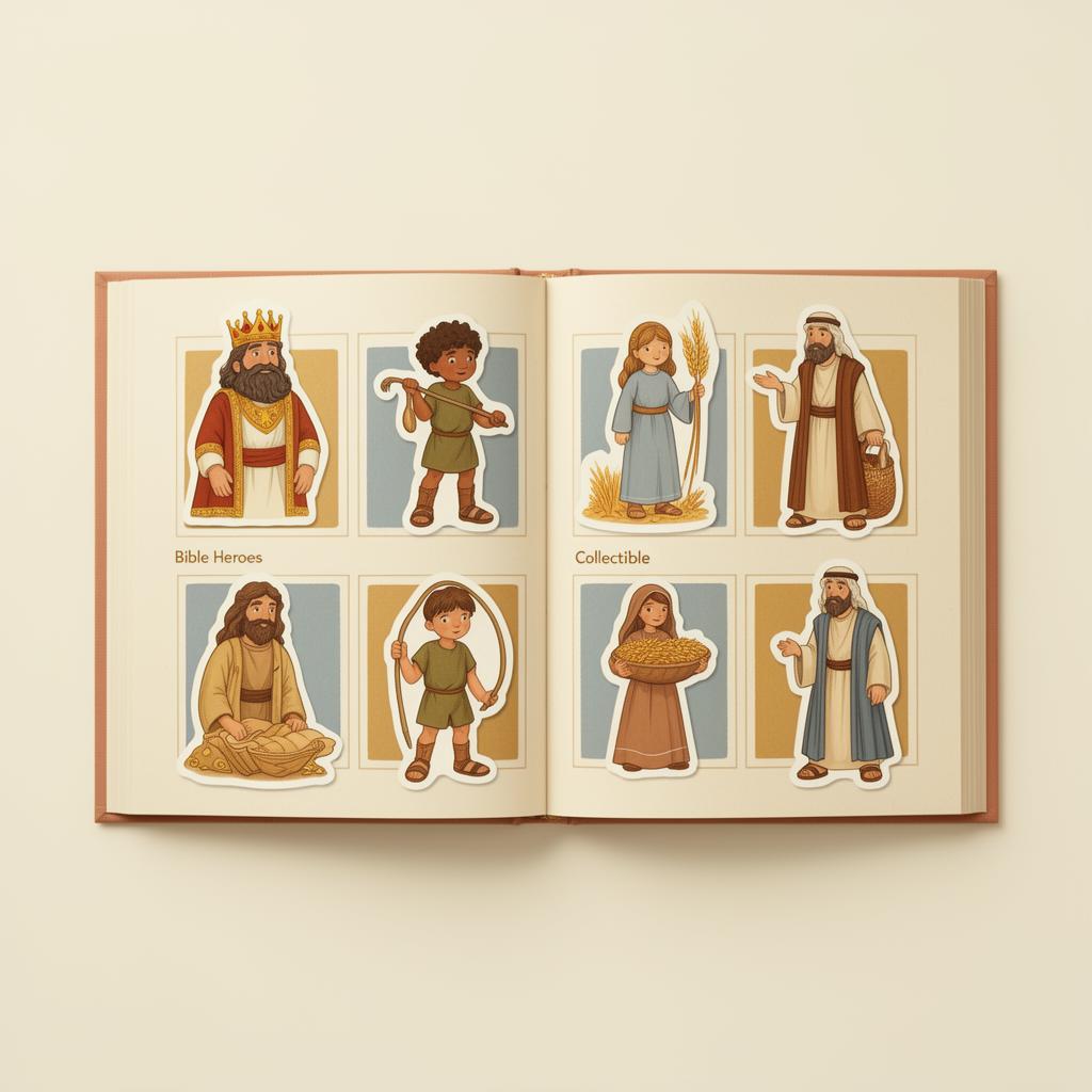 Heroes of Faith Bible Sticker Album open with collectible Bible character stickers